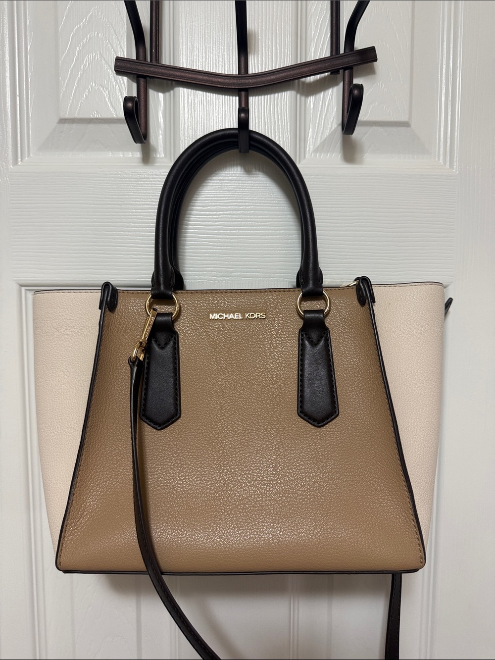Michael Kors Tan, Black & Cream Colorblock Leather Satchel
